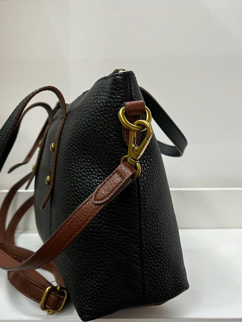FOSSIL Black Brown Sydney Ryder Satchel Tote Crossbody Handbag Bag
